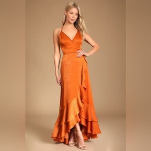 Lulus In Love Forever Rust Orange Satin Lace-Up High-Low Maxi Dress